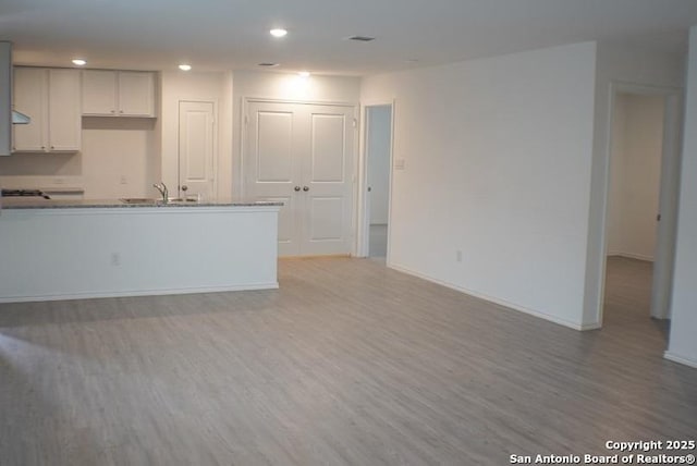 7119 Satellite Way, San Antonio, TX 78252 - kitchen featuring light wood-type flooring, recessed lighting, light stone countertops, white cabinets, and open floor plan