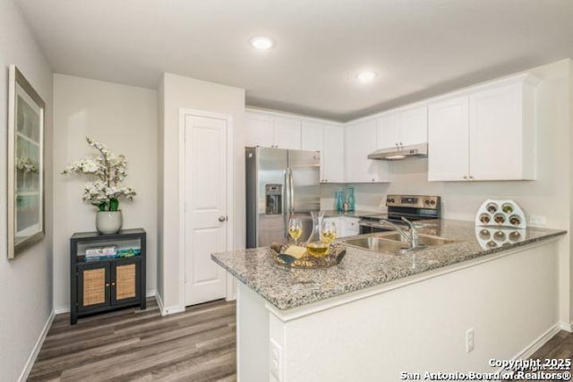 212 Agave Cir, Jourdanton, TX 78026 - kitchen featuring appliances with stainless steel finishes, under cabinet range hood, dark wood finished floors, a peninsula, and white cabinets