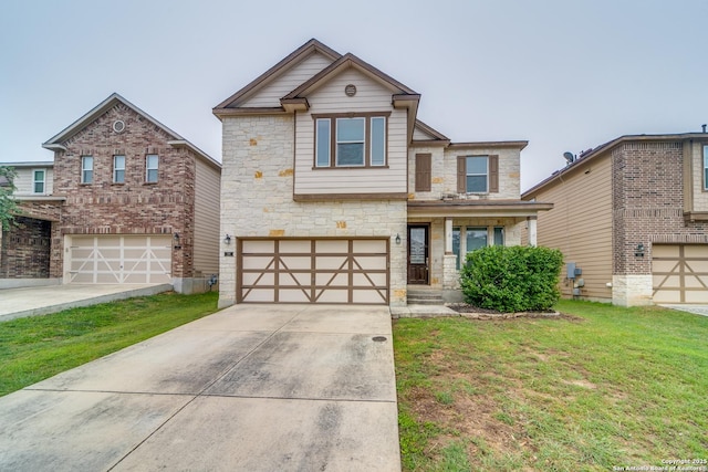 129 Sandy Shl, Boerne, TX 78006 - view of front facade with an attached garage, stone siding, a front lawn, and concrete driveway
