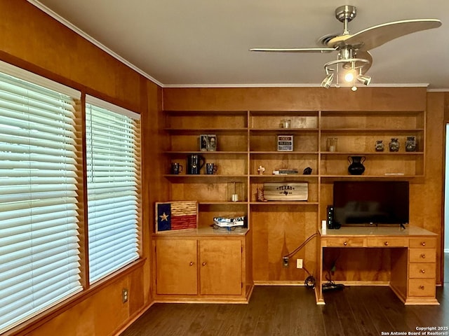 803 Leland, Kenedy, TX 78119 - unfurnished office with dark wood finished floors, crown molding, built in shelves, plenty of natural light, and built in desk
