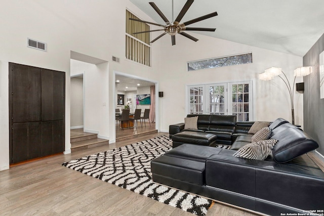 2915 Quail Oak, San Antonio, TX 78232 - living area featuring a ceiling fan, wood finished floors, and high vaulted ceiling