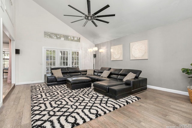 2915 Quail Oak, San Antonio, TX 78232 - living area featuring a ceiling fan, high vaulted ceiling, and wood finished floors