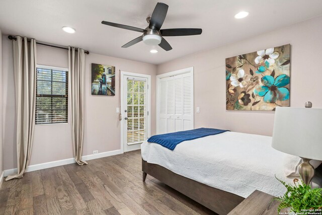 2915 Quail Oak, San Antonio, TX 78232 - bedroom with access to outside, wood finished floors, recessed lighting, and a ceiling fan