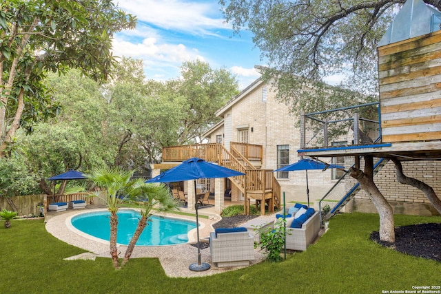 2915 Quail Oak, San Antonio, TX 78232 - view of pool featuring a patio area, an outdoor living space, a wooden deck, a fenced backyard, and stairs