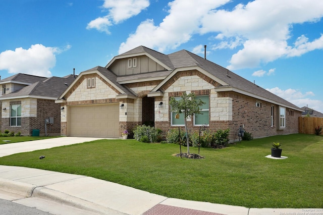 5798 Luciano Trl, Seguin, TX 78155 - view of front of property with an attached garage, concrete driveway, brick siding, board and batten siding, and stone siding