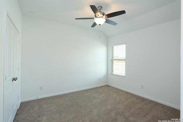 5798 Luciano Trl, Seguin, TX 78155 - unfurnished bedroom featuring carpet, vaulted ceiling, and a ceiling fan