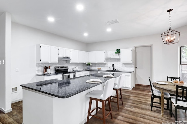13322 Galicia, Universal City, TX 78148 - kitchen with stainless steel range with electric stovetop, under cabinet range hood, tasteful backsplash, a kitchen island, and white cabinetry