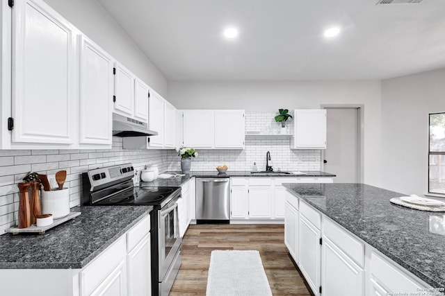13322 Galicia, Universal City, TX 78148 - kitchen with appliances with stainless steel finishes, under cabinet range hood, white cabinetry, wood finished floors, and recessed lighting