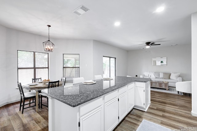 13322 Galicia, Universal City, TX 78148 - kitchen featuring dark wood-style floors, white cabinetry, ceiling fan, open floor plan, and recessed lighting