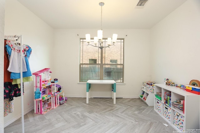 561 Dusty Emerald, Universal City, TX 78148 - playroom featuring a chandelier and baseboards