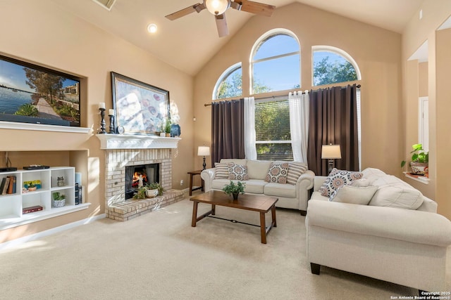 2611 Menard, San Antonio, TX 78251 - carpeted living room with a ceiling fan, high vaulted ceiling, and a fireplace