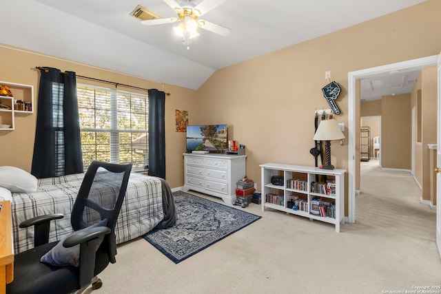 2611 Menard, San Antonio, TX 78251 - bedroom with attic access, carpet floors, vaulted ceiling, and a ceiling fan