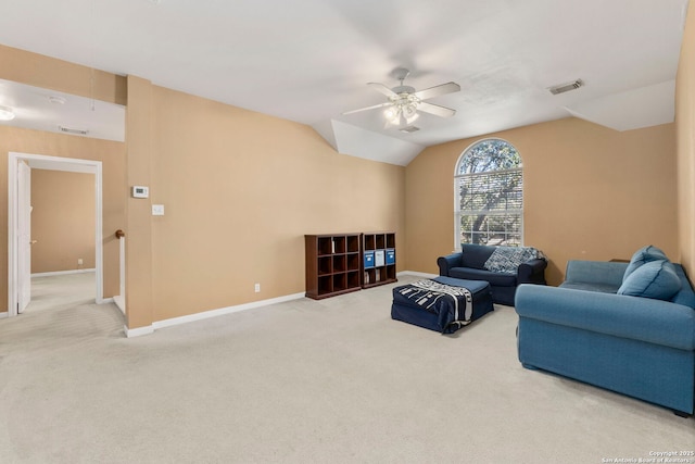 2611 Menard, San Antonio, TX 78251 - living area with ceiling fan, carpet, and vaulted ceiling
