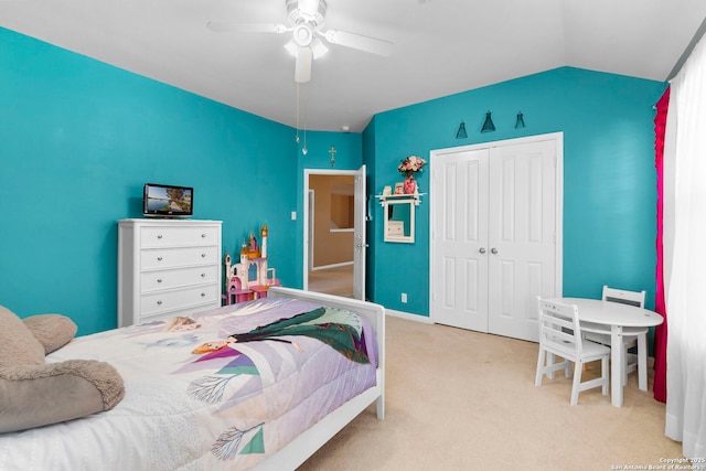 2611 Menard, San Antonio, TX 78251 - carpeted bedroom with a closet, vaulted ceiling, and a ceiling fan