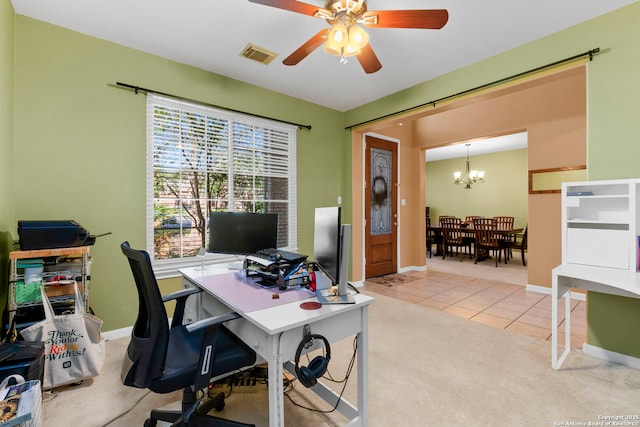 2611 Menard, San Antonio, TX 78251 - carpeted office featuring a chandelier, ceiling fan, and tile patterned floors
