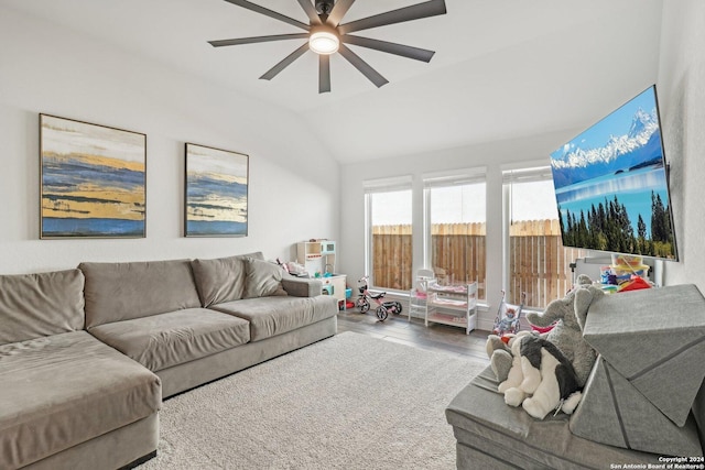 9032 Raven Pointe, San Antonio, TX 78255 - living room featuring a ceiling fan, vaulted ceiling, and wood finished floors