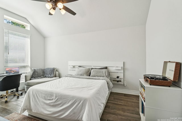 9032 Raven Pointe, San Antonio, TX 78255 - bedroom with lofted ceiling, dark wood-style floors, and ceiling fan