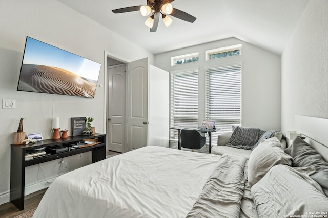 9032 Raven Pointe, San Antonio, TX 78255 - bedroom featuring dark wood-style flooring, vaulted ceiling, and ceiling fan