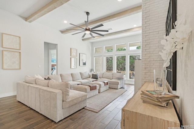 9032 Raven Pointe, San Antonio, TX 78255 - living room with beam ceiling, a ceiling fan, dark wood finished floors, and recessed lighting