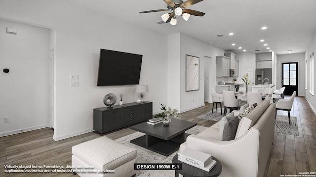 225 Alpine Lks, New Braunfels, TX 78130 - living room featuring light wood-style floors, ceiling fan, and recessed lighting