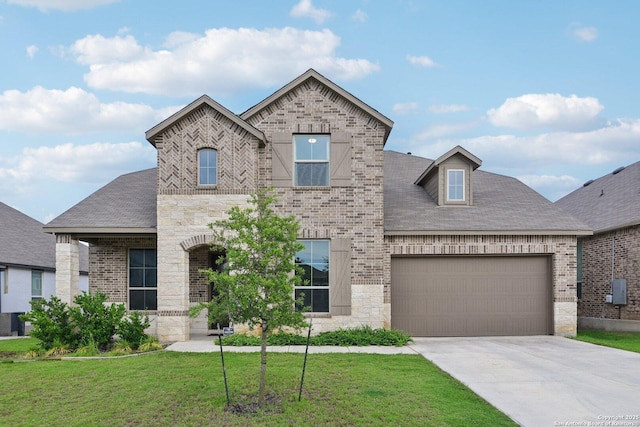 12108 Buckaroo Rnch, San Antonio, TX 78254 - french country inspired facade featuring concrete driveway, a front yard, an attached garage, and stone siding