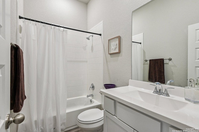 12108 Buckaroo Rnch, San Antonio, TX 78254 - full bath with a textured wall, vanity, and shower / tub combo with curtain