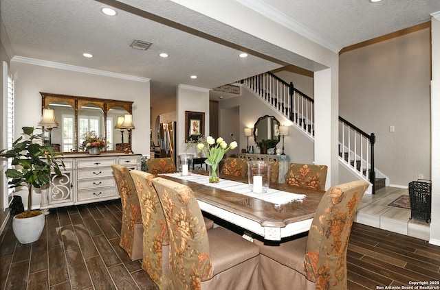 21539 Bubbling Crk, San Antonio, TX 78259 - dining room with stairs, wood tiled floors, a textured ceiling, recessed lighting, and crown molding