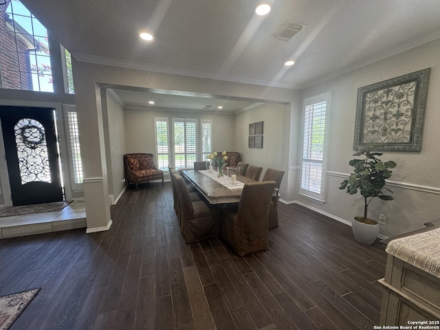 21539 Bubbling Crk, San Antonio, TX 78259 - dining area featuring crown molding, dark wood-style flooring, recessed lighting, and a textured wall