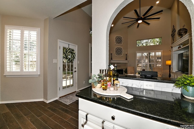 21539 Bubbling Crk, San Antonio, TX 78259 - kitchen with ceiling fan, healthy amount of natural light, a fireplace, and vaulted ceiling