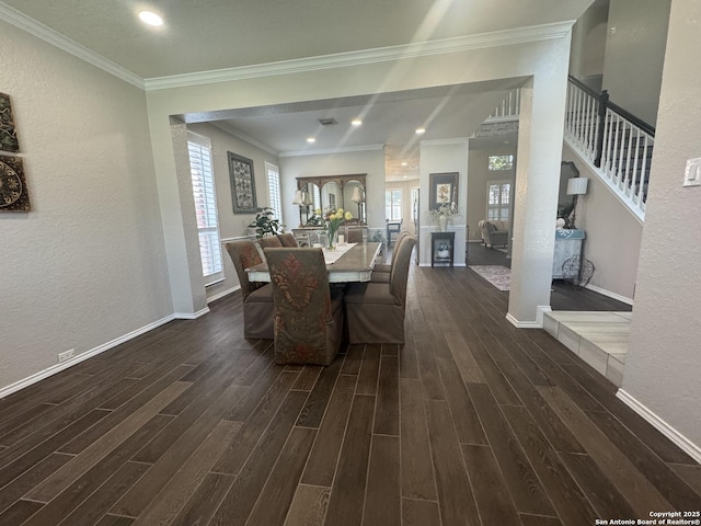 21539 Bubbling Crk, San Antonio, TX 78259 - dining space with dark wood-type flooring, stairway, a textured wall, ornamental molding, and recessed lighting