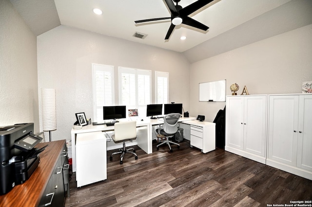 21539 Bubbling Crk, San Antonio, TX 78259 - office space with lofted ceiling, dark wood-style floors, ceiling fan, and recessed lighting