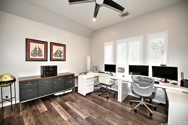 21539 Bubbling Crk, San Antonio, TX 78259 - home office featuring dark wood-type flooring, vaulted ceiling, a ceiling fan, and a textured wall