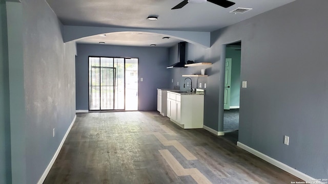 147 Fenfield, San Antonio, TX 78211 - kitchen featuring extractor fan, white cabinetry, wood finished floors, a ceiling fan, and open shelves