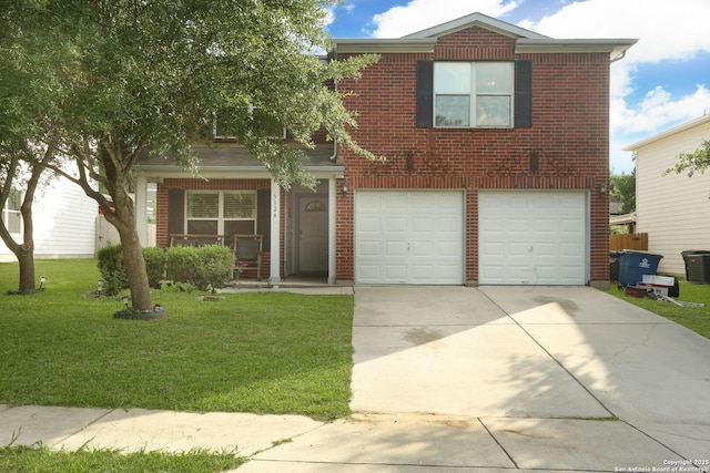5124 Knollwood, Schertz, TX 78108 - traditional-style home featuring concrete driveway, a front lawn, a garage, a porch, and brick siding