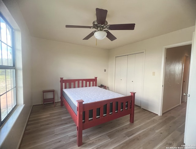 179 Cherry Springs Rd, Hunt, TX 78024 - bedroom featuring wood finished floors, multiple windows, a closet, and ceiling fan
