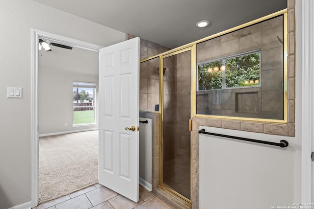 29732 Cojak Cir, Boerne, TX 78015 - full bath featuring a stall shower, tile patterned floors, ceiling fan, and recessed lighting