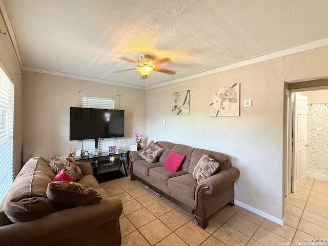 2434 Delgado, San Antonio, TX 78228 - living area with light tile patterned floors, a textured ceiling, ceiling fan, and crown molding