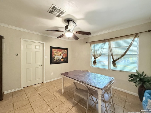 2434 Delgado, San Antonio, TX 78228 - dining space featuring light tile patterned floors, ceiling fan, and crown molding