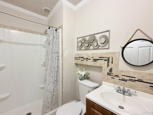 2434 Delgado, San Antonio, TX 78228 - bathroom featuring crown molding, vanity, a shower with shower curtain, and backsplash