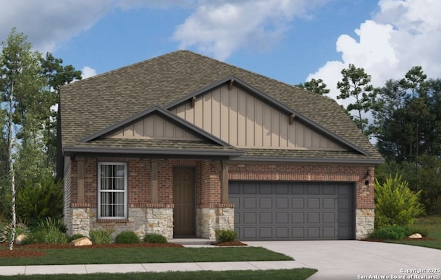 2520 Seabream Dr, San Antonio, TX 78253 - view of front facade featuring board and batten siding, an attached garage, concrete driveway, and stone siding