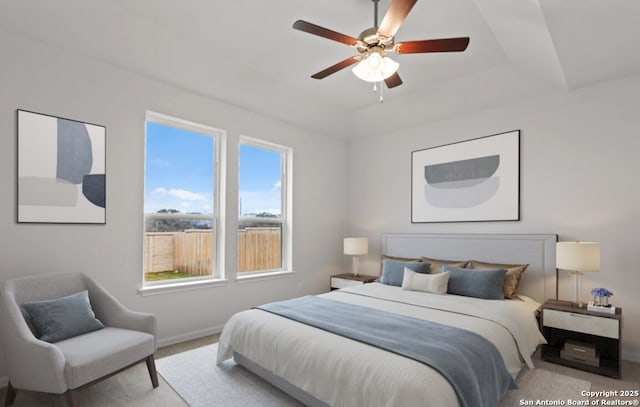 2520 Seabream Dr, San Antonio, TX 78253 - carpeted bedroom with a raised ceiling and a ceiling fan