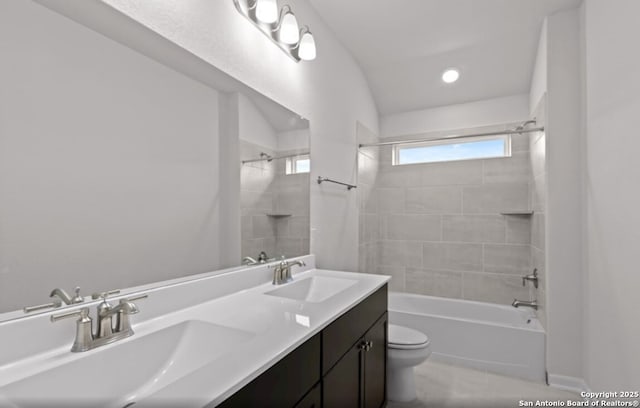 2520 Seabream Dr, San Antonio, TX 78253 - bathroom with shower / bath combination, double vanity, tile patterned floors, and recessed lighting