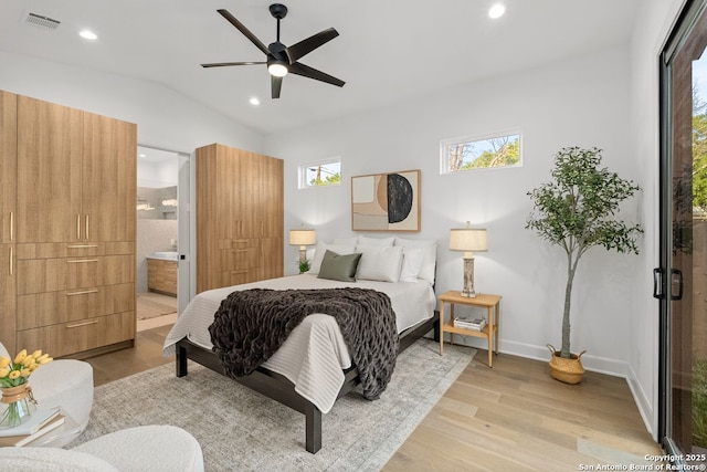 238 Cassiano St, San Antonio, TX 78204 - bedroom featuring light wood-style floors, recessed lighting, ensuite bathroom, a ceiling fan, and vaulted ceiling