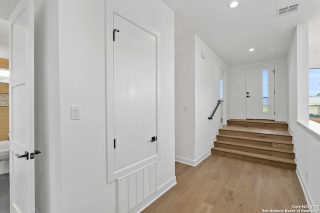 238 Cassiano St, San Antonio, TX 78204 - hallway featuring light wood-style floors, recessed lighting, and stairway