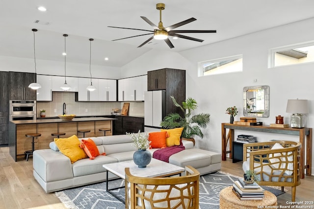 238 Cassiano St, San Antonio, TX 78204 - living area with a ceiling fan, light wood-type flooring, recessed lighting, and high vaulted ceiling