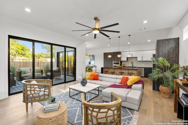 238 Cassiano St, San Antonio, TX 78204 - living room featuring a ceiling fan, light wood-style flooring, and recessed lighting