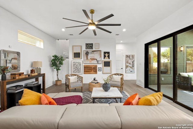 238 Cassiano St, San Antonio, TX 78204 - living room featuring wood finished floors, ceiling fan, and recessed lighting
