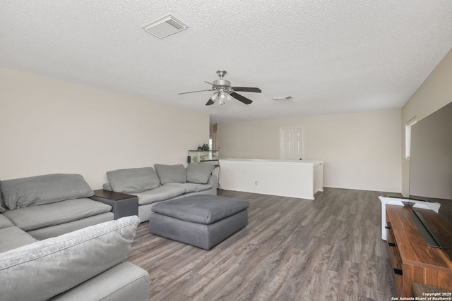 18706 Redriver, San Antonio, TX 78259 - living area featuring wood finished floors, a ceiling fan, and a textured ceiling