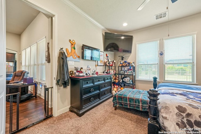 4603 Camden, San Antonio, TX 78261 - bedroom with light colored carpet, crown molding, and ceiling fan