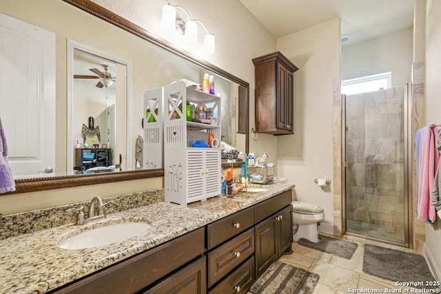 4603 Camden, San Antonio, TX 78261 - full bath with double vanity, a shower stall, tile patterned floors, and ceiling fan